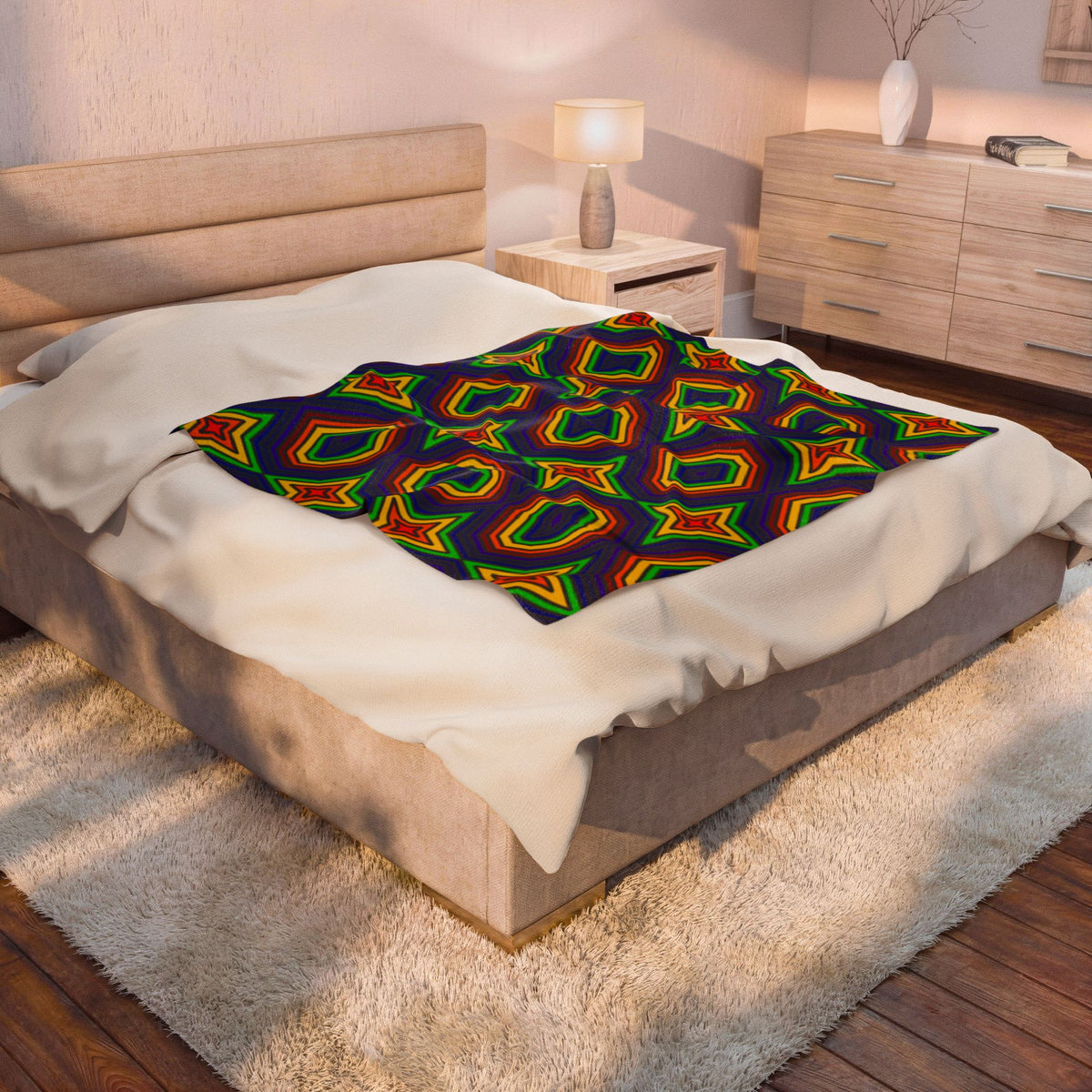 Colorful Geometric Rainbow Velveteen Plush Blanket