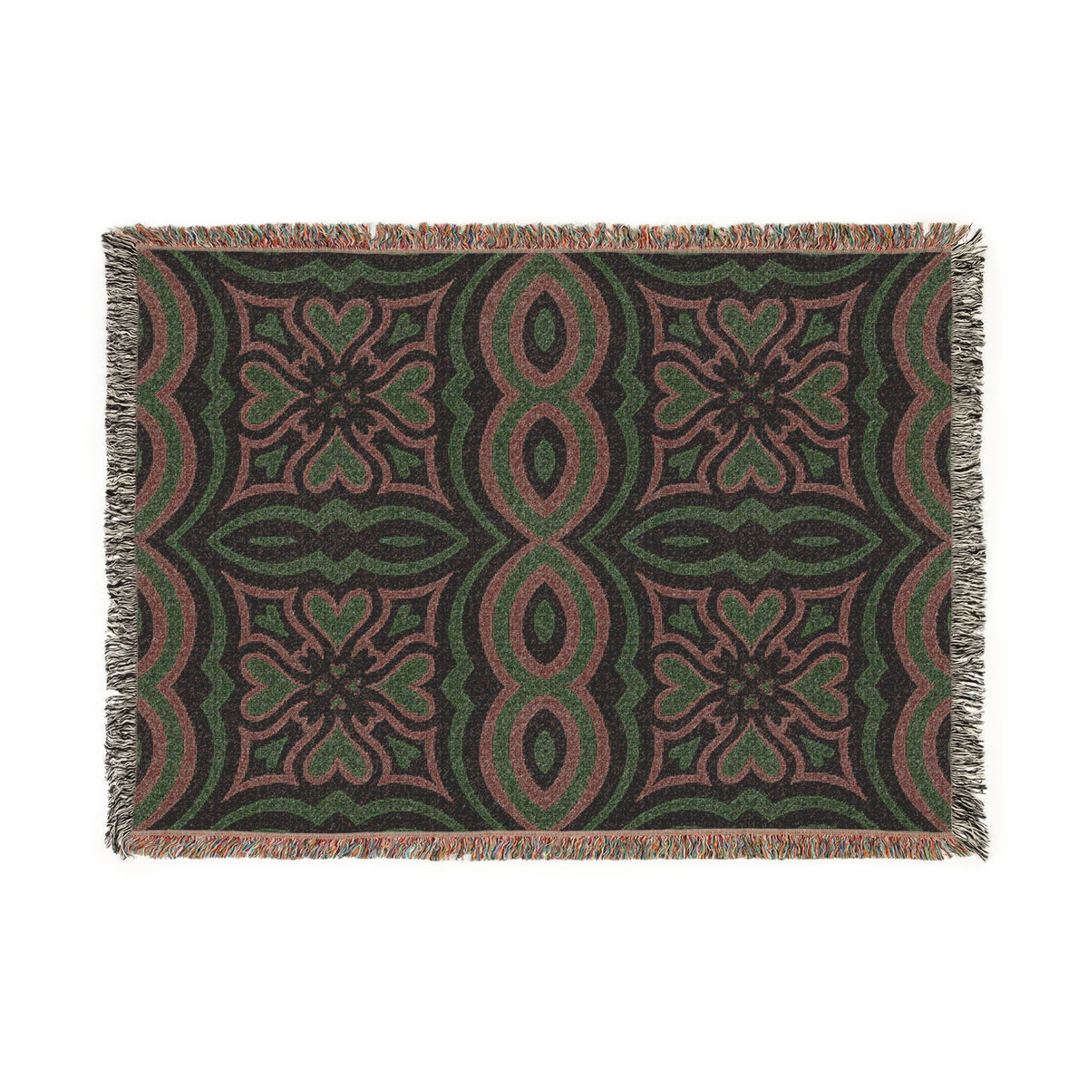 Bohemian Geometric Woven Blanket – Green and Rust Moroccan-Inspired Throw
