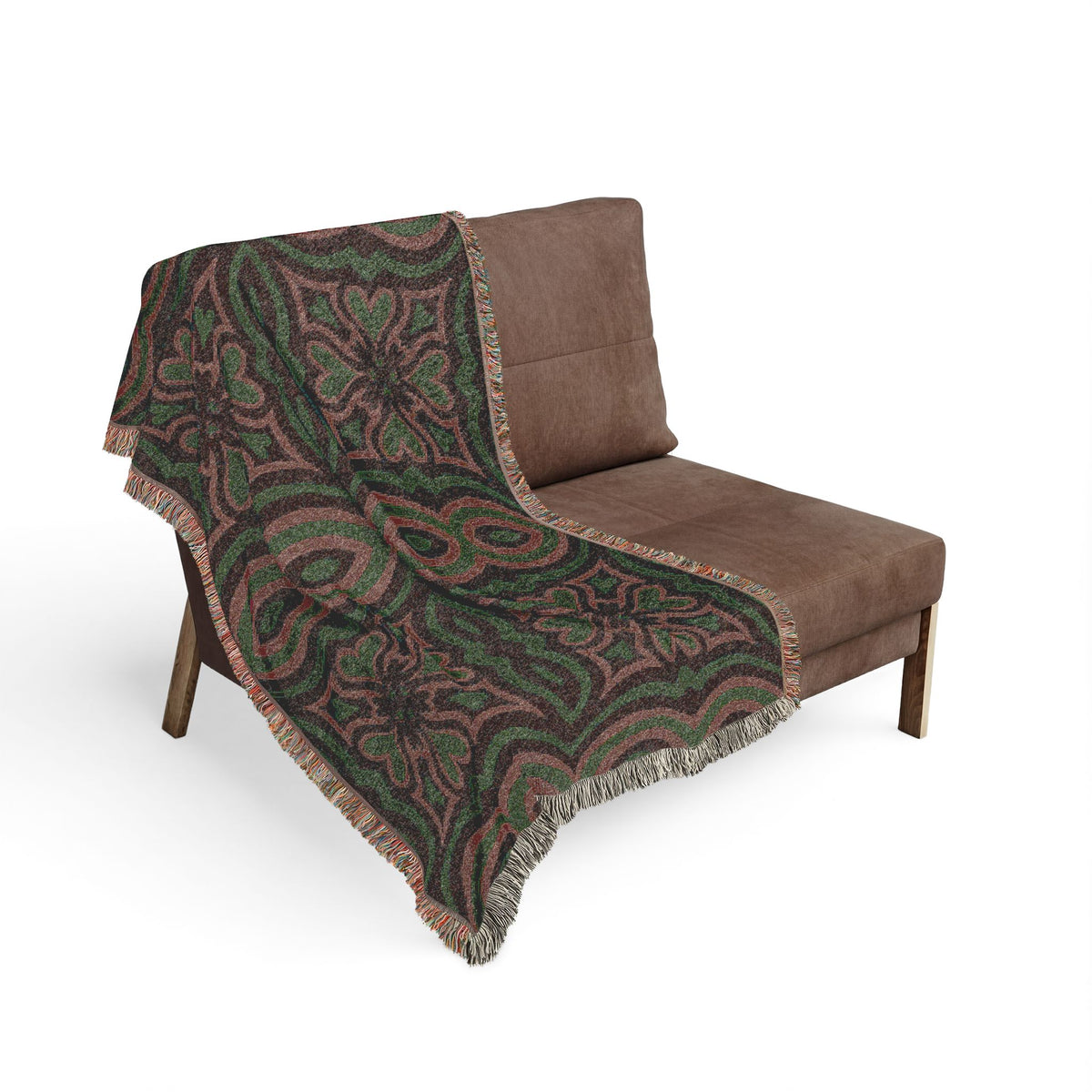 Bohemian Geometric Woven Blanket – Green and Rust Moroccan-Inspired Throw
