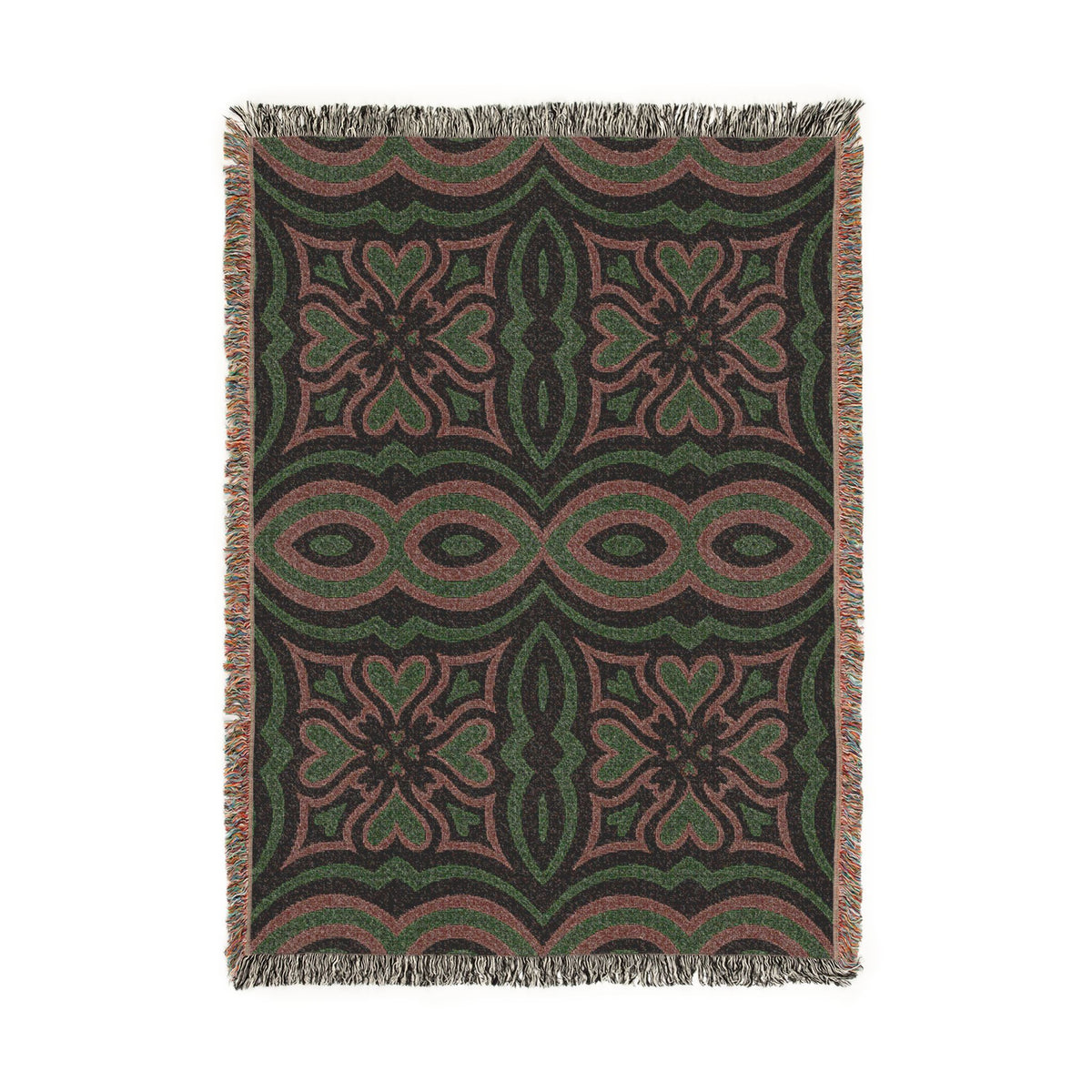 Bohemian Geometric Woven Blanket – Green and Rust Moroccan-Inspired Throw