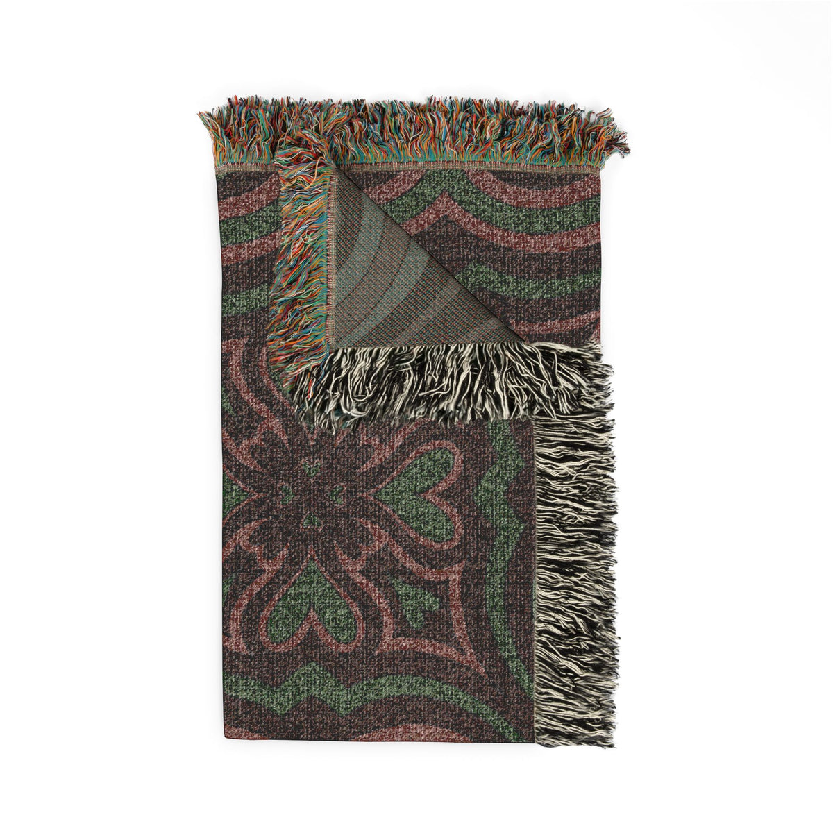 Bohemian Geometric Woven Blanket – Green and Rust Moroccan-Inspired Throw